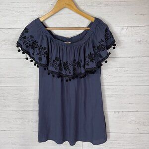 Umgee Dress Womens Size Medium Navy and Black Off the Shoulder Pom Poms Mini